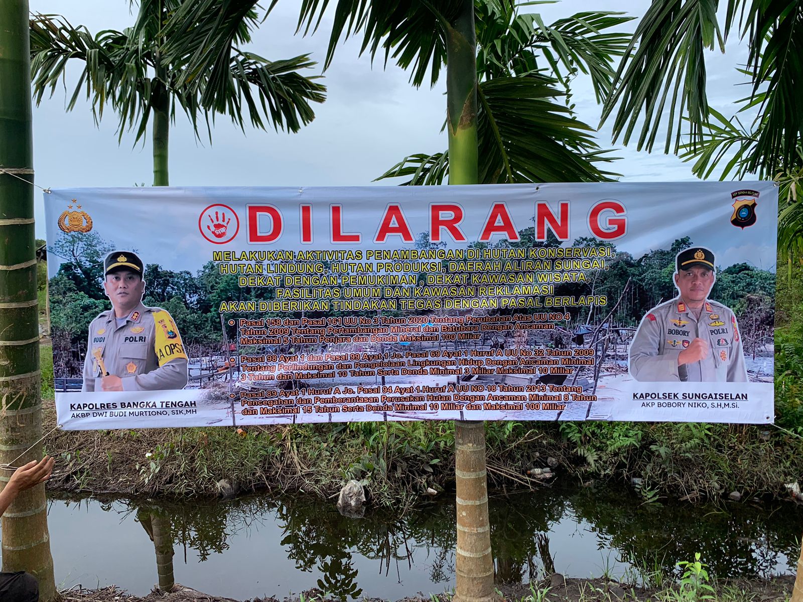 Paska ditertibkan Polsek Sungai Selan Kini Lokasi Aik Sabak Dipasangi Himbauan Larangan Aktifitas Tambang